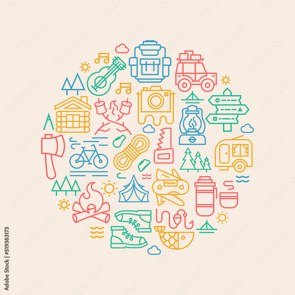 Camping card with camp icons color line style such us bicycle, camper, backpack, tent, fish, fire, trees, guitar, sun, car, knife, photocamera for decoration, t shirt print, poster, banner, kids camp