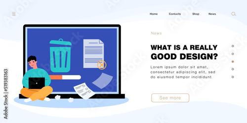 Man removing data files or documents to trash bin. Tiny person cleaning laptop with cleansing app flat vector illustration. Software, service concept for banner, website design or landing web page