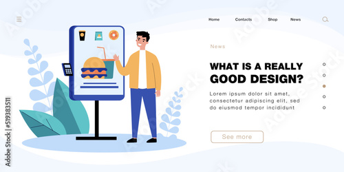 Male customer ordering junk food through self-service terminal. Man using self-ordering kiosk flat vector illustration. Fast food, technology concept for banner, website design or landing web page