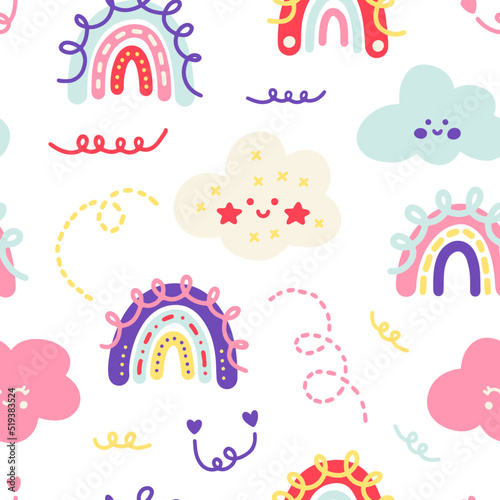 Pastel children's vector pattern in scandinavian style. Cute kawaii gentle dreamy clouds, rainbows and doodles for prints, posters, backgrounds, wrappers, textiles, fabrics, decor, interiors, rooms