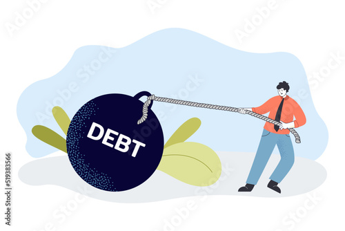 Businessman pushing heavy debt burden. Tiny man with financial troubles carrying iron ball flat vector illustration. Bankruptcy, money, crisis concept for banner, website design or landing web page