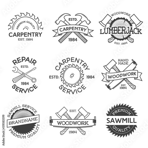 Set of carpentry, repair, lumberjack, sawmill and woodwork labels isolated on white background. Stamps, banners and design elements. Wood work and manufacture label templates. Vector illustration