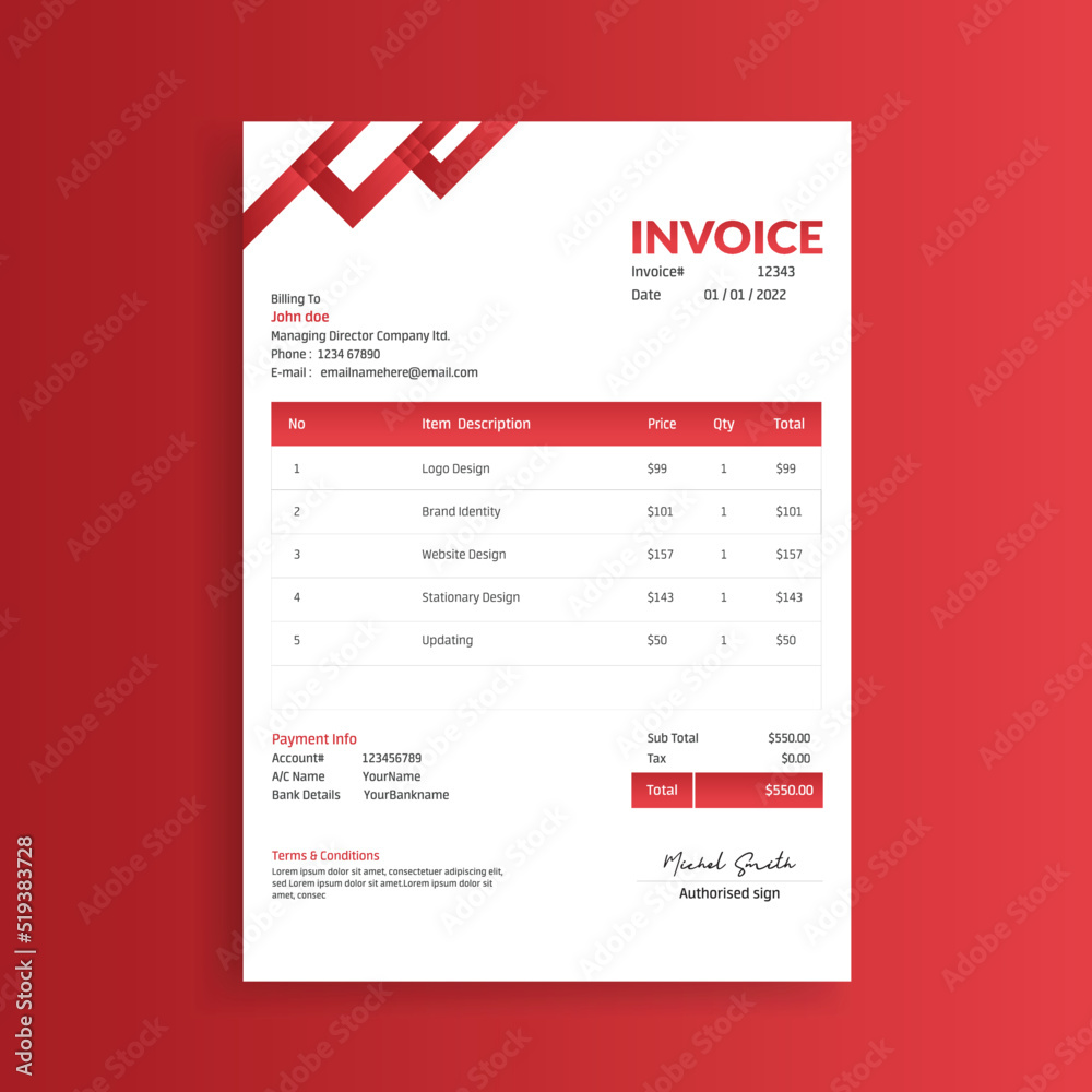 Minimal Red Invoice Design Template
