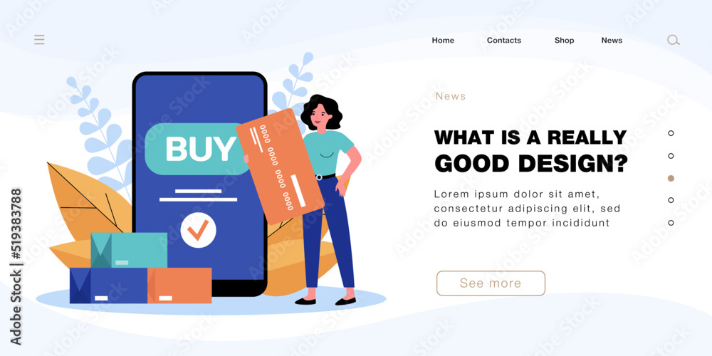 Tiny customer or buyer with giant credit card and smartphone. Woman paying for purchase through internet flat vector illustration. Online shopping, technology concept for banner or landing web page