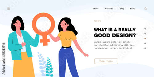 Happy women holding female symbol. Solidarity and support of tiny girls flat vector illustration. International womens day, feminism, sisterhood concept for banner, website design or landing web page