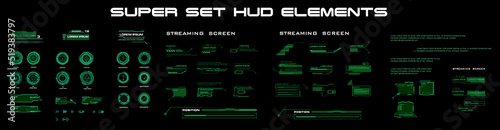 Modern dialog HUD interface elements super set. Digital dialing for streaming messaging. Screens, dialogue callouts, pointer arrows, navigation elements for video games and communication
