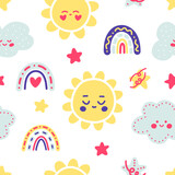 Gentle childish vector pattern in scandinavian cute style with smiling dreamy suns, bright rainbows and stars. Print for backgrounds, print, fabric, textile, cards, wrapping, gifts, decor, nursery