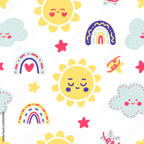 Gentle childish vector pattern in scandinavian cute style with smiling dreamy suns  bright rainbows and stars. Print for backgrounds  print  fabric  textile  cards  wrapping  gifts  decor  nursery