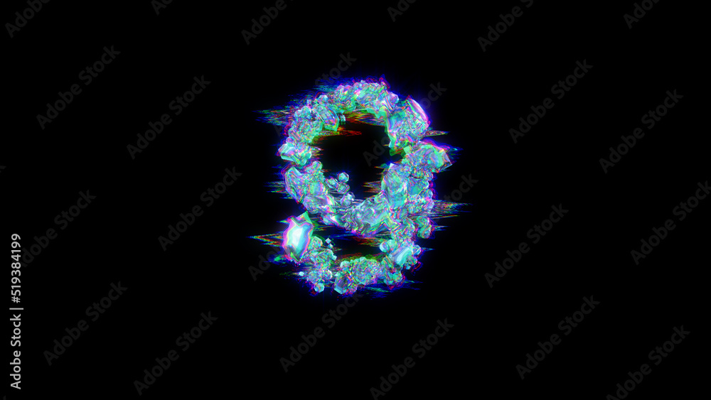 style cybernetic blue distortion font - number 9 on black, isolated - object 3D rendering
