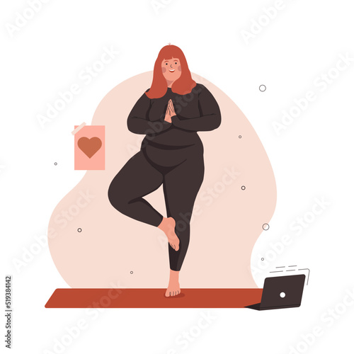 Plus size Woman character doing Yoga in feeling confident. Body positive and Acceptance concept. Flat Vector illustration.