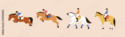 Jockey on racing Horse. Horseback riding, hippodrome racing, equestrian sport concept. Hand drawn Vector set. Colorful illustration. Cartoon style, flat design. Logo design templates