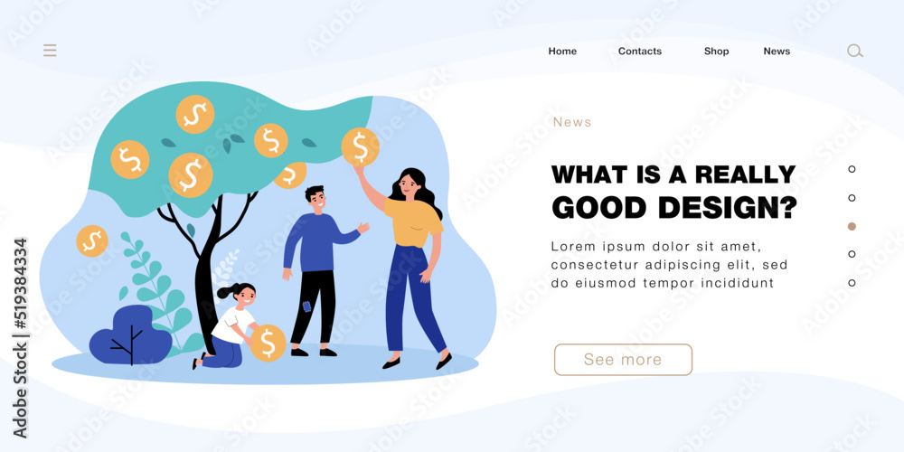 Happy mother, father and daughter taking gold coins from tree. Family with money tree flat vector illustration. Family budget, investment, wealth concept for banner, website design or landing web page