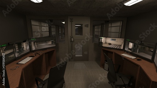 3D-Illustration of the monitor room of a prison