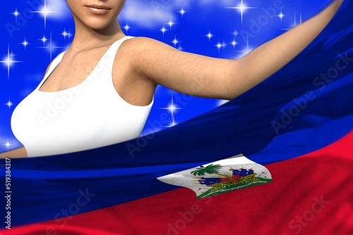 sexy woman holds Haiti flag in front on the blue colorful clouds - flag concept 3d illustration