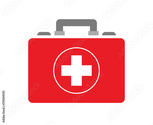 First Aid Box. Red first aid kit flat icon isolated on white background Vector illustration. First aid kit with white cross. Health bag. Healcare, Hospital and medical concept. Rescue system.