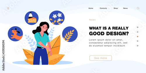 Upset woman scratching arms with rashes. Girl with eczema allergic to dogs, dairy, wheat or pollen flat vector illustration. Health, medicine, allergy concept for banner or landing web page