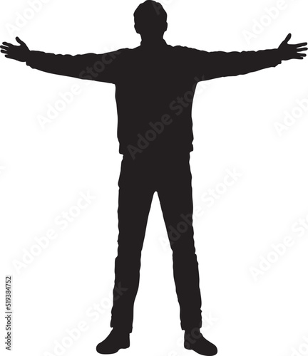 Silhouette eines Mannes, die Arme zur Umarmung ausgebreitet, freistehend auf weißem Hintergrund