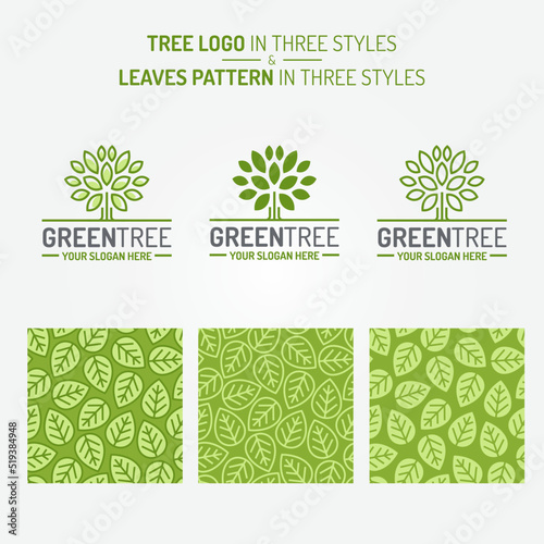 Green tree set consisting of logo and leaves pattern three styles for natural product store  ecology company  organic shop  nature firm  green unity  garden  farming  forest. Vector Illustration