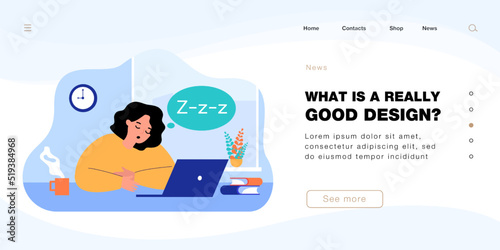 Tired female student or office worker sleeping at desk. Woman falling asleep while working or studying flat vector illustration. Education, fatigue, occupation concept for banner or landing web page