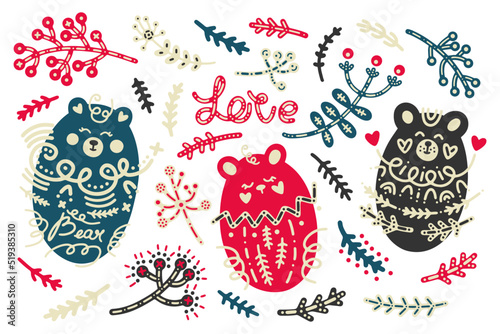 Big holiday vector collection in scandinavian folk style. Cute cartoon drawn bear cubs with ornaments, flowers and inscriptions for patterns, posters, postcards, textiles, decor, interior, nursery
