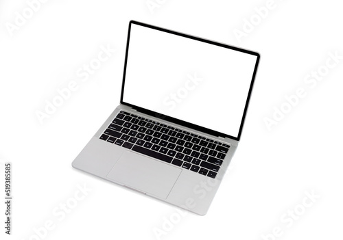 Front view of Laptop with blank screen in angled position. Blank white screen display for mockup isolated on white background, mockup template, with clipping path.