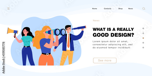 Office workers holding megaphone, binoculars and spyglass. Business people searching for new opportunities or employees flat vector illustration. HR, recruitment, career concept for banner