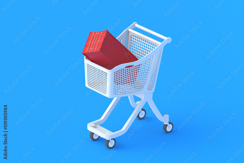 Metal freight container in market cart. 3d render