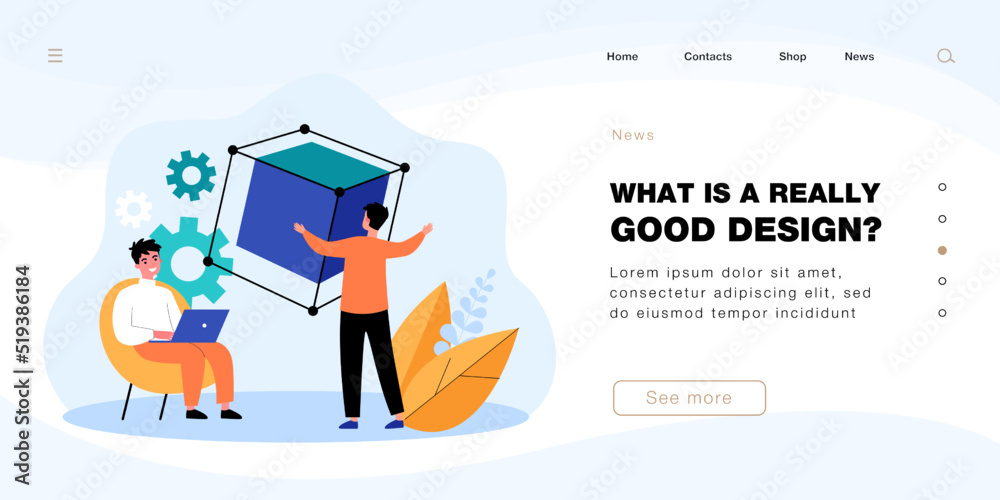Work of designers with virtual simulation of 3d cube. Man sitting at laptop while configuration selecting flat vector illustration. Innovation concept for banner, website design or landing web page