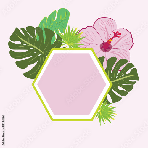 exotic, tropical leaves with a slight coolness of summer mood, pink flowers and green leaves for a postcard, background