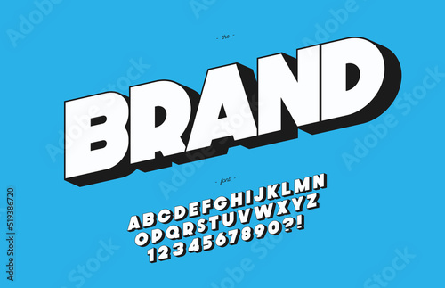 Vector brand typeface 3d bold style for decoration, banner, infographics, motion graphic, party poster, kids book, t shirt, flyer, printing on fabric, industrial. Cool font. Trendy alphabet. 10 eps