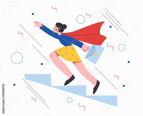 Young Woman climbing the stairs. Сareer growth, achievement of success in business or study. Vector illustration.