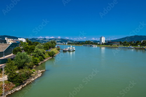 Fototapeta Naklejka Na Ścianę i Meble -  Cruise ships On Danube River In The City Of Linz In Austria
