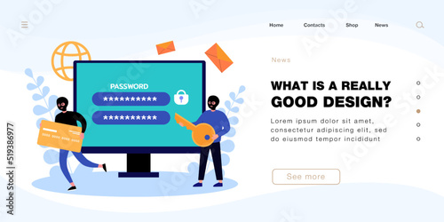 Tiny male burglars and hackers stealing credit card information. Criminal persons hacking access flat vector illustration. Cyberterrorism, fraud concept for banner, website design or landing web page