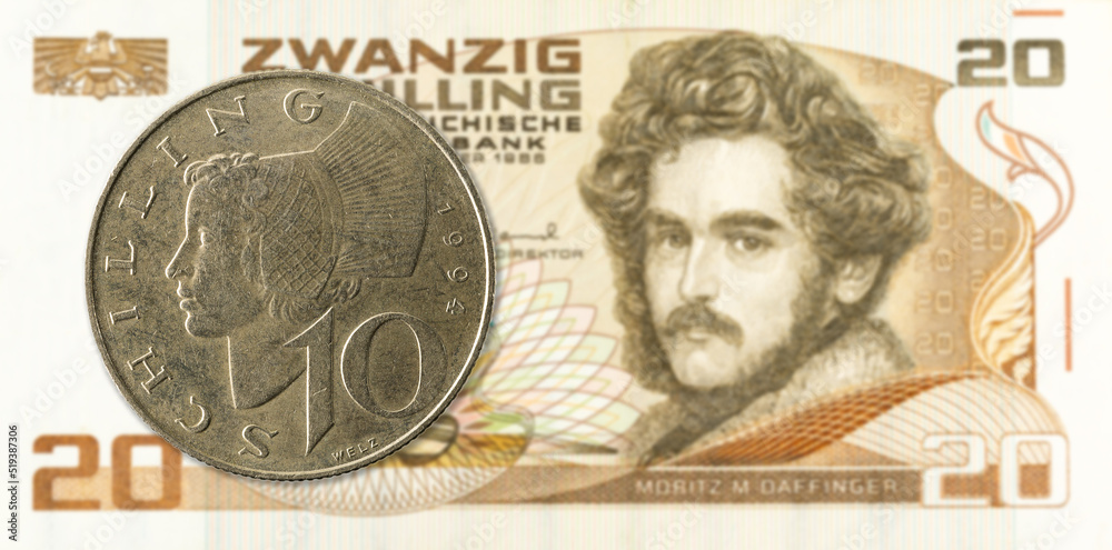 10 austrian schilling coin against 20 austrian schilling bank note