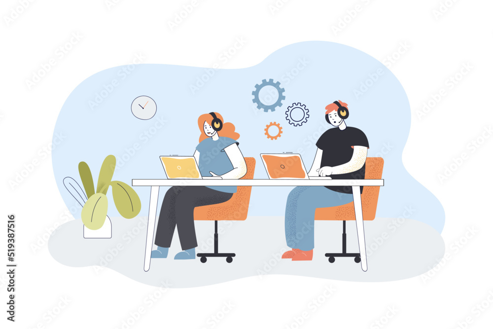 Call center operators with headsets working at laptops. Support for customers by man and woman flat vector illustration. Helpline, service concept for banner, website design or landing web page Call center operators with headsets working at laptops. Support for customers by man and woman flat vector illustration. Helpline, service concept for banner, website design or landing web page