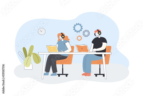 Call center operators with headsets working at laptops. Support for customers by man and woman flat vector illustration. Helpline  service concept for banner  website design or landing web page
