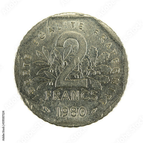 2 french franc coin (1980) obverse isolated on white background photo
