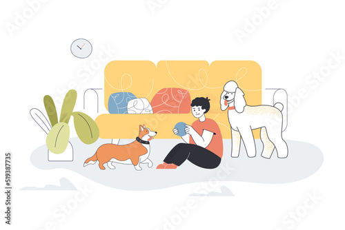 Boy playing ball with dogs together at home. Communication and activity of little pets and child flat vector illustration. Leisure  fun time concept for banner  website design or landing web page