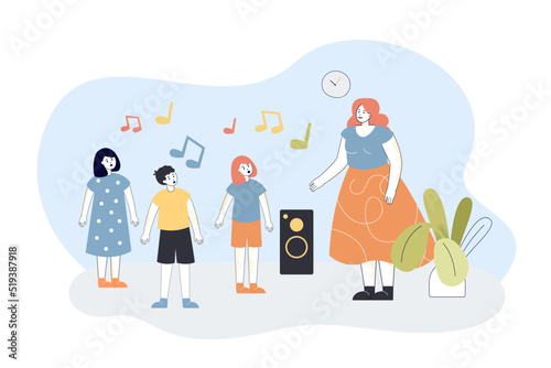 Children singing song on school lesson with teacher. Woman teaching cute group of girls and boys flat vector illustration. Music, rhythm concept for banner, website design or landing web page