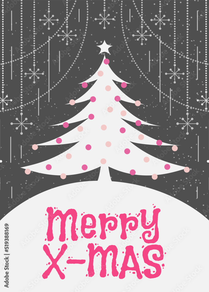 Christmas greeting card with christmas tree cute flat color style on black holiday background with sign Merry xmas and snowflake. Cartoon illustration for poster. Vector Illustration