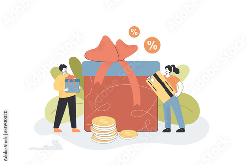 Gifts and discounts for tiny customers for loyalty to store. Tiny man holding present box and credit card flat vector illustration. Promotion concept for banner, website design or landing web page