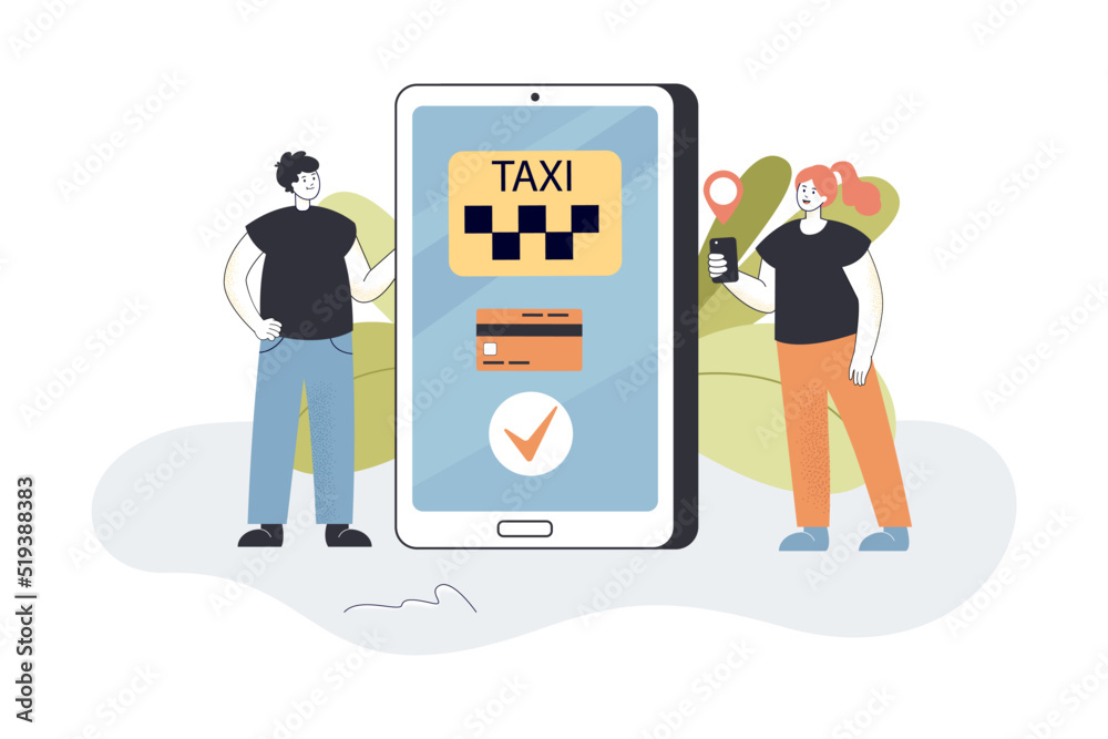 Passengers using mobile app to order taxi transport. Service for calling car for city ride of tiny man and woman flat vector illustration. Taxi concept for banner, website design or landing web page