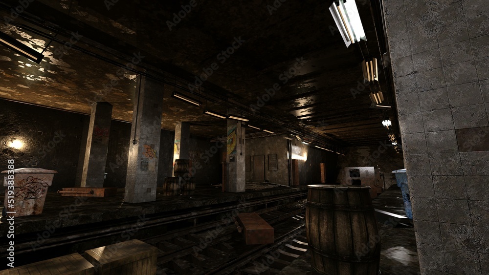 Obraz premium 3D-illustration of a destroyed and abandoned subway station