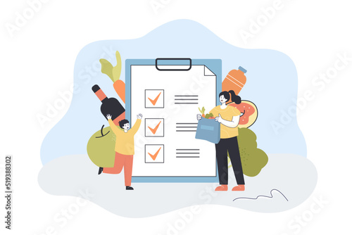 Family planning list of purchases for shopping in supermarket. Tiny woman and boy with food checklist flat vector illustration. Grocery, order concept for banner, website design or landing web page