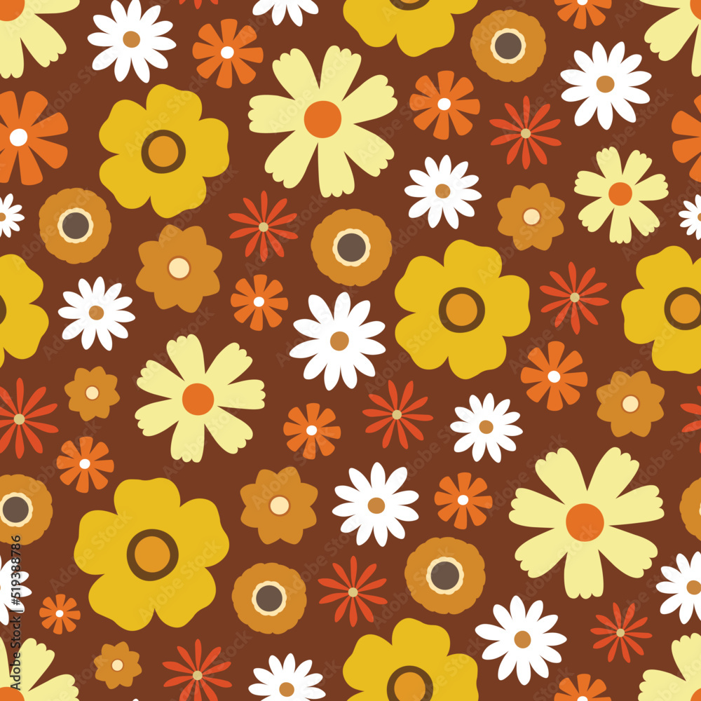 Vintage seamless pattern flowers. Design with camomile on a brown background vector illustration