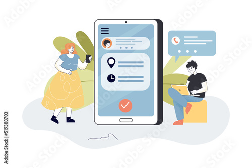 People using mobile app to schedule appointments. Meeting time and place of tiny man and woman on phone screen flat vector illustration. Service concept for banner, website design or landing web page