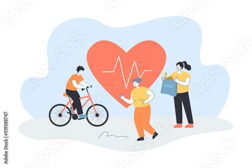 Daily activity for heart health of people. Man on bike, old and young women near red heart flat vector illustration. Diet, sport, healthy life concept for banner, website design or landing web page