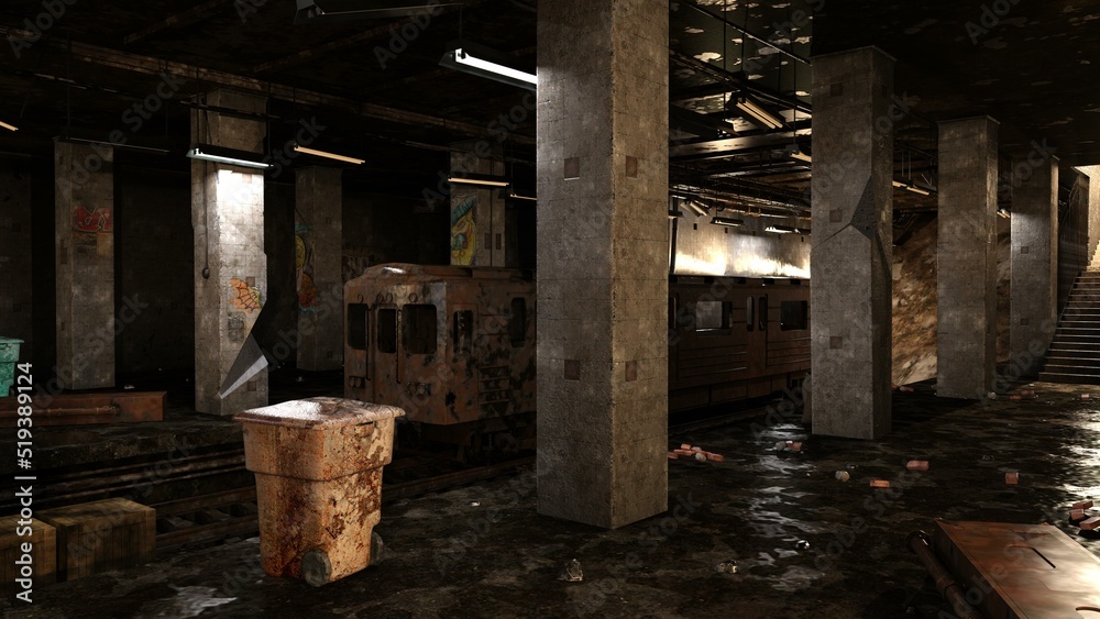3D-illustration of a destroyed and abandoned subway station