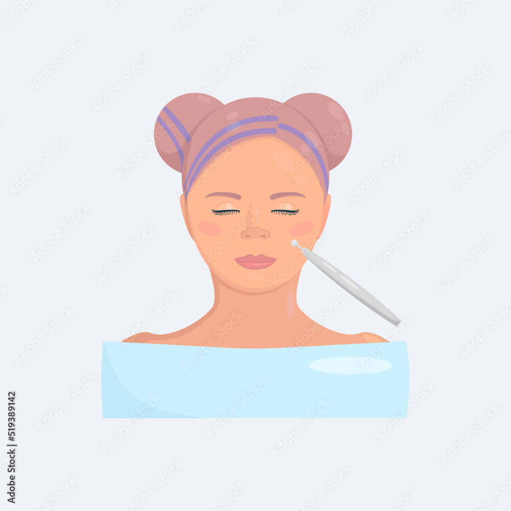 Vector illustration of facial cosmetology procedure for healthy glowing skin for smiling female client. Dermatologist make beauty procedures for woman patient in aesthetic medical clinic. Cosmetology Vector illustration of facial cosmetology procedure for healthy glowing skin for smiling female client. Dermatologist make beauty procedures for woman patient in aesthetic medical clinic. Cosmetology