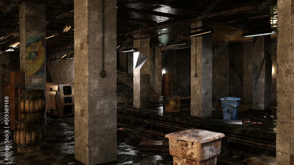 3D-illustration of a destroyed and abandoned subway station 3D-illustration of a destroyed and abandoned subway station